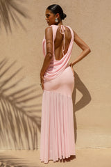 Meggie | Pink Plunge-Neck Twisted Maxi Dress With Chiffon Skirt