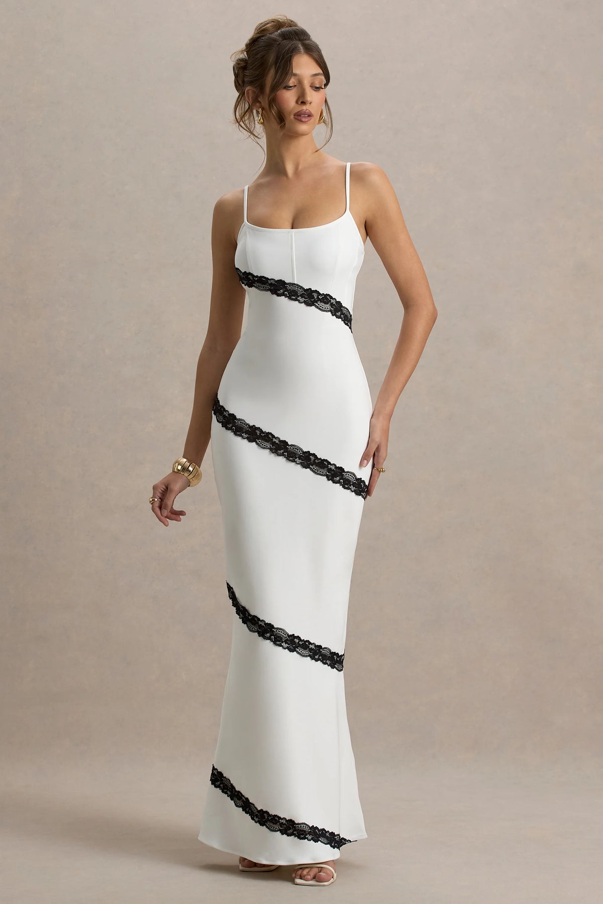 Elizabeth | White & Black Strappy Lace-Trimmed Maxi Dress