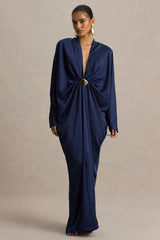 Tina | Navy Satin Plunge-Neck Embellished Maxi Dress