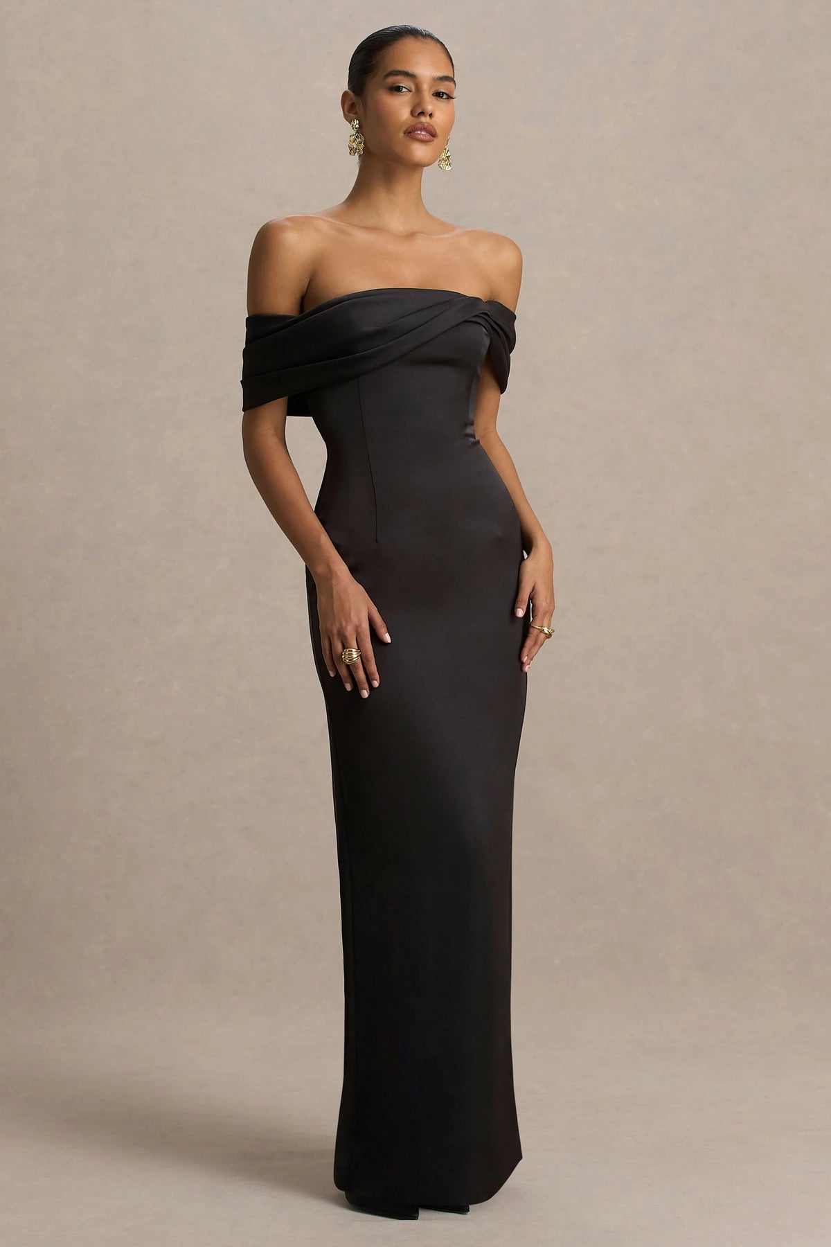Valeria | Black Satin Twist-Bardot Neck Maxi Dress