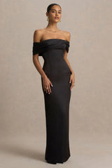Valeria | Black Satin Twist-Bardot Neck Maxi Dress