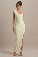 Sitara | Lemon Porcelain Print Cowl-Neck Maxi Dress With Asymmetric Skirt