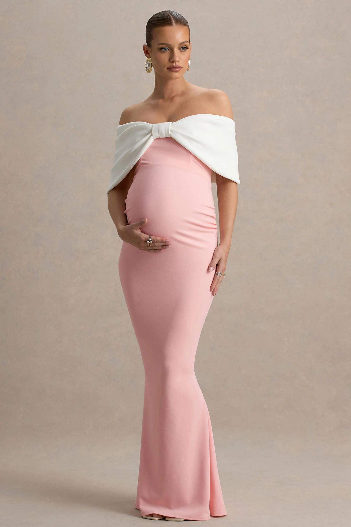 Libra | Pink & White Bow Bardot Maternity Maxi Dress