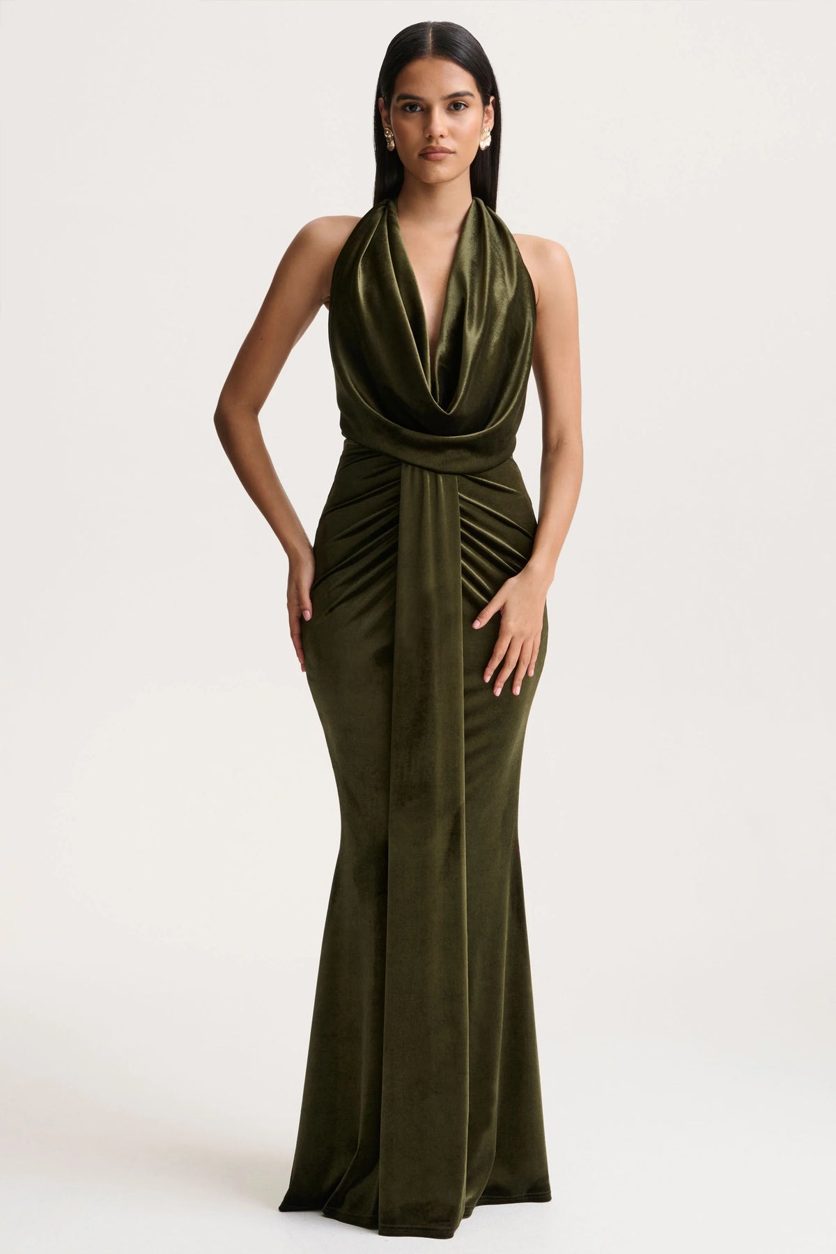 Lavernia | Olive Velvet Halter-Neck Maxi Dress With Gathered-Detailing