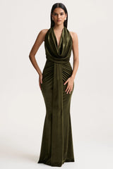 Lavernia | Olive Velvet Halter-Neck Maxi Dress With Gathered-Detailing