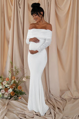 Pretty Perfect | White Maternity Ruched Mesh Bardot Maxi Dress