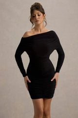 Zhara | Black Ruched One-Shoulder Bodycon Mini Dress