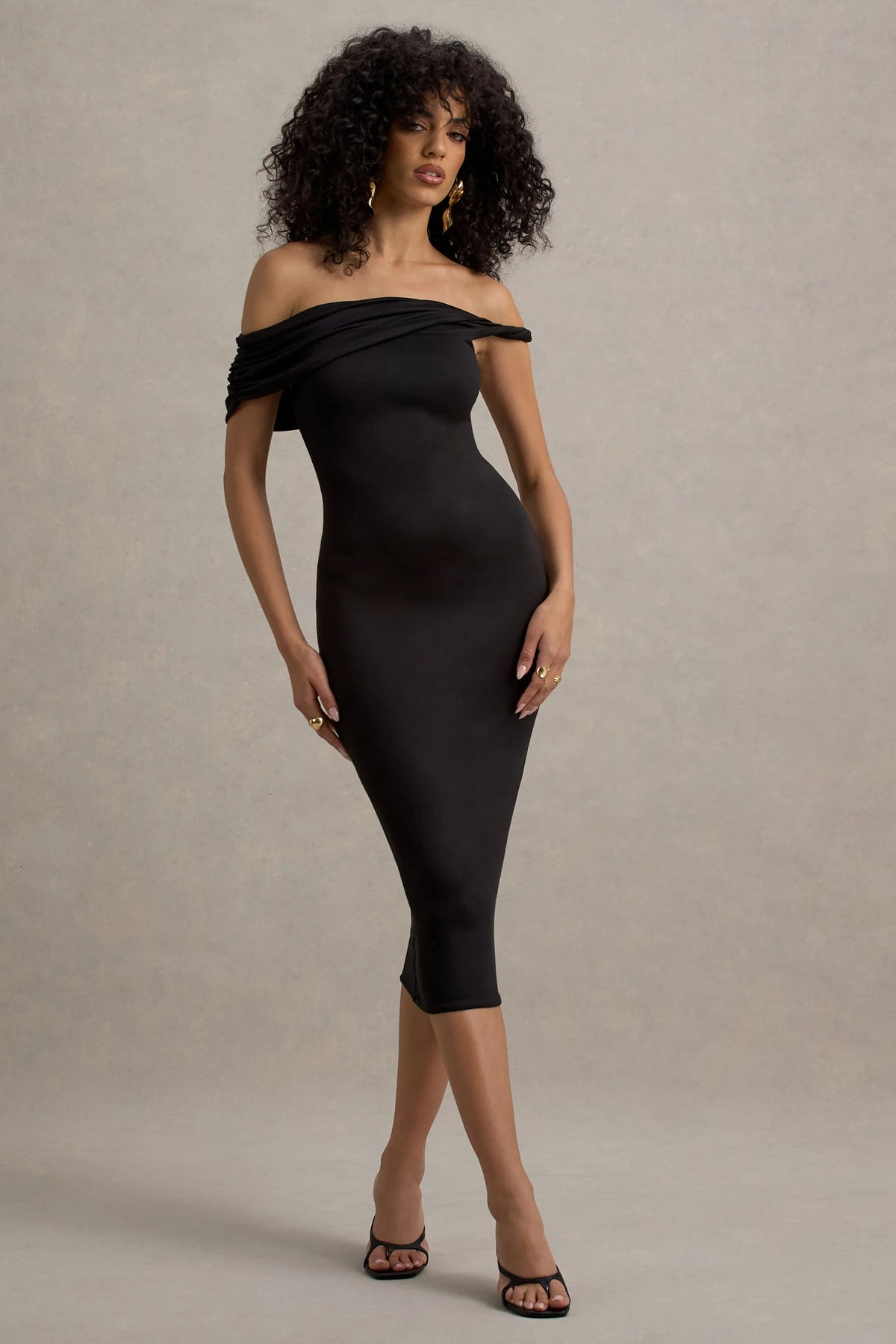 Skye | Black Twisted Bardot Midi Dress