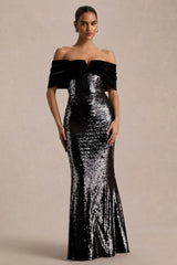 Bex | Black Sequin And Velvet Bardot-Neck Maxi Dress