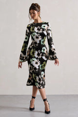 Arlitta | Black Floral Print Satin Long-Sleeve Midi Dress