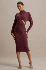 Pandora | Burgundy Long-Sleeve Midi Dress With Cut-Out