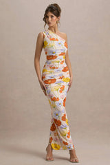 Dalarie | Bright Floral Print One-Shoulder Gathered Maxi Dress
