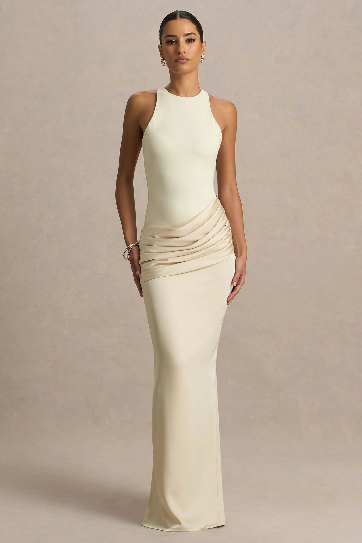 Akari | Champagne High-Neck Maxi Dress With Satin Skirt