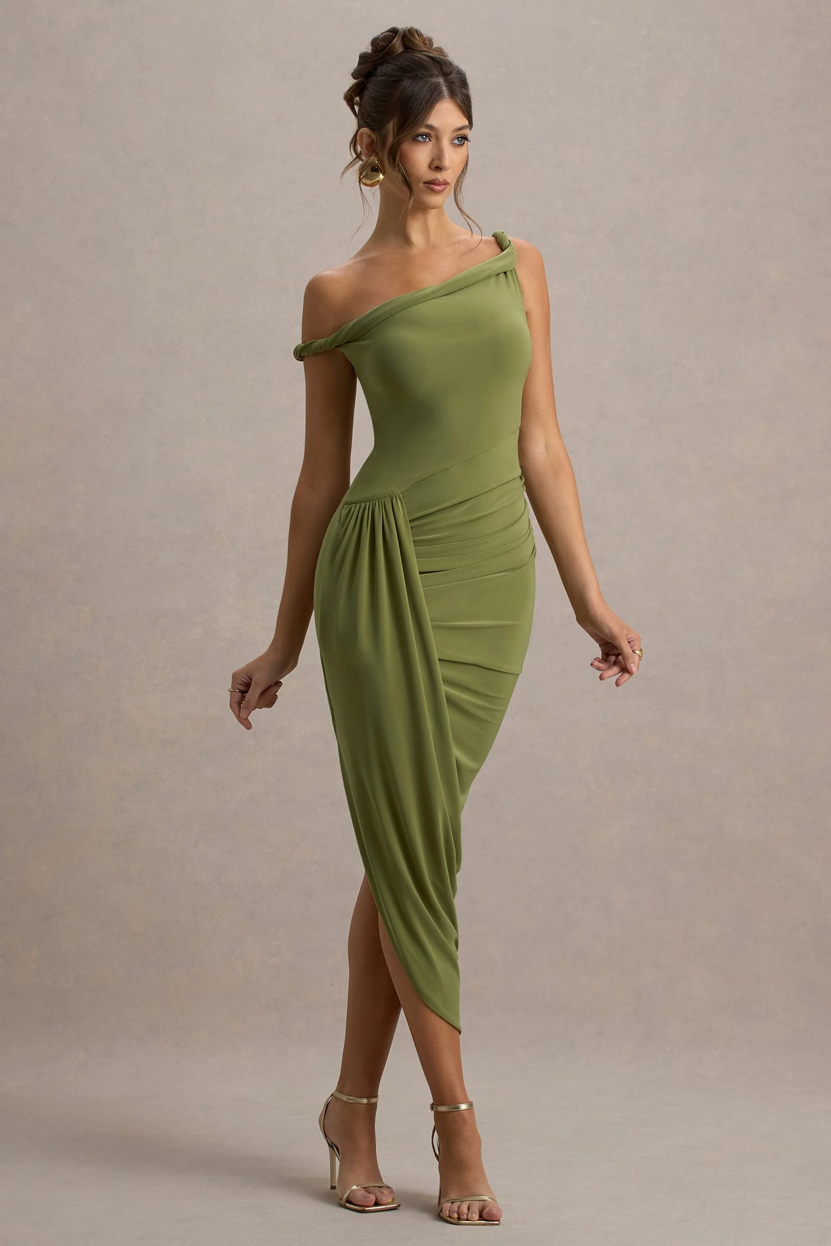 Angelique | Olive Green Twisted Asymmetric Maxi Dress