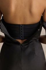 Perenna | Black Satin Sweetheart-Neck Maxi Dress With Draped-Sleeves