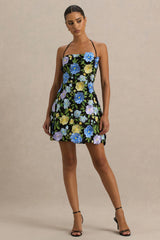 Aisha | Black Floral Embellished Square-Neck Mini Dress