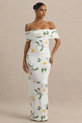 Capri | White Rose Print Bardot-Neck Maxi Dress With Ruched Detailing