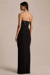 Saphira | Black Hand-Embellished Bandeau-Neck Maxi Dress