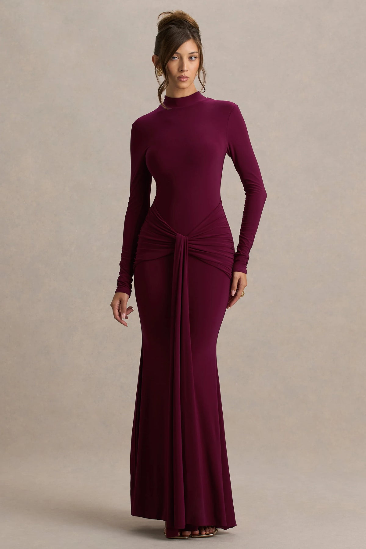 Pietra | Berry High-Neck Long Sleeve Knot Maxi Dress