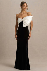 Divulge | Black And White Velvet Asymmetric-Neck Maxi Dress With Bow Detail