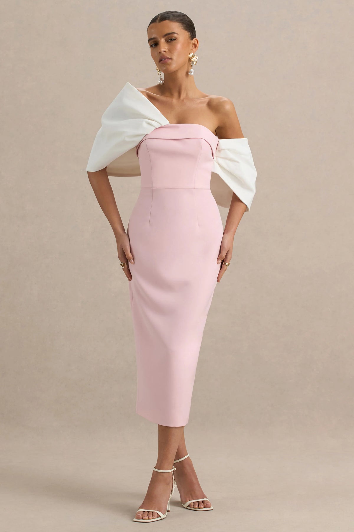 Lucille | Rose Pink & White Asymmetric Bardot Midi Dress