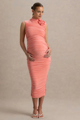Shellie | Coral High-Neck Maternity Midi Dress With Corsage Detail