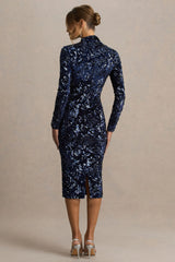 Alanita | Navy Velvet And Sequin High-Neck Midi Dress With Long Sleeves