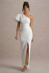 Vittoria | White Asymmetric Puff-Sleeve Split Maxi Dress