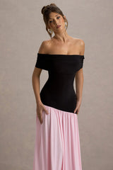 Venezia | Black & Pink Bardot Puff-Skirt Maxi Dress