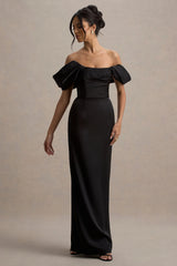 Annita | Black Satin Bardot Maxi Dress