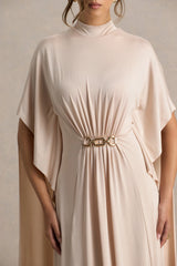 Olessia | Champagne Belted Gathered Cape-Sleeve Maxi Dress
