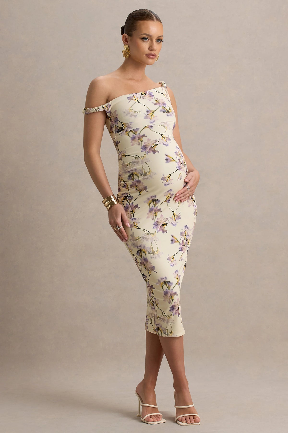 Salome | Lemon Floral Print Floral Print Twisted Asymmetric Maternity Midi Dress