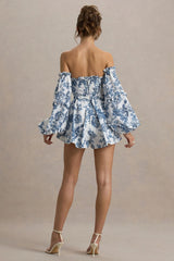 Ithaca | Blue Porcelain Print Bardot Ruffled Playsuit