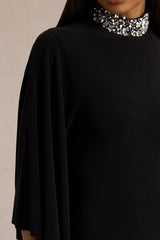 Oriana | Black Embellished High-Neck Maxi Dress With One-Cape Sleeve