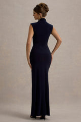 Lanetta | Navy Ruched High-Neck Maxi Dress With Split