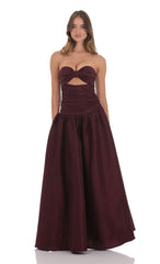 Cutout Drop Waist Strapless Maxi Dress in Wine
