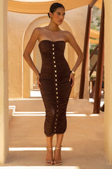 Spontaneity | Brown Bandeau Ruched Midi Dress