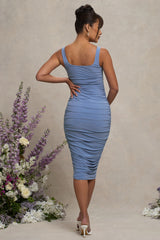 Lisbon | Powder Blue Maternity Square Neck Ruched Midi Dress