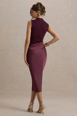All Yours | Dark Cherry Satin High-Neck Wrap Midi Dress