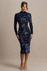 Alanita | Navy Velvet And Sequin High-Neck Midi Dress With Long Sleeves