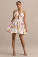 Kasey | Cream Floral Print Halter-Neck Mini Dress With Ruffle Detail