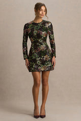 Moonlit | Winter Floral Mesh And Sequin Crew-Neck Mini Dress