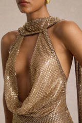 Anele | Gold Sequin High-Neck Maxi Dress With Sash And Open-Back