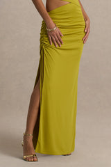 Margie | Green Maxi Skirt With Ruched Detail And Front High Split