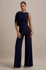 Opulence | Navy Jumpsuit With Cape Sleeve and Draped Details