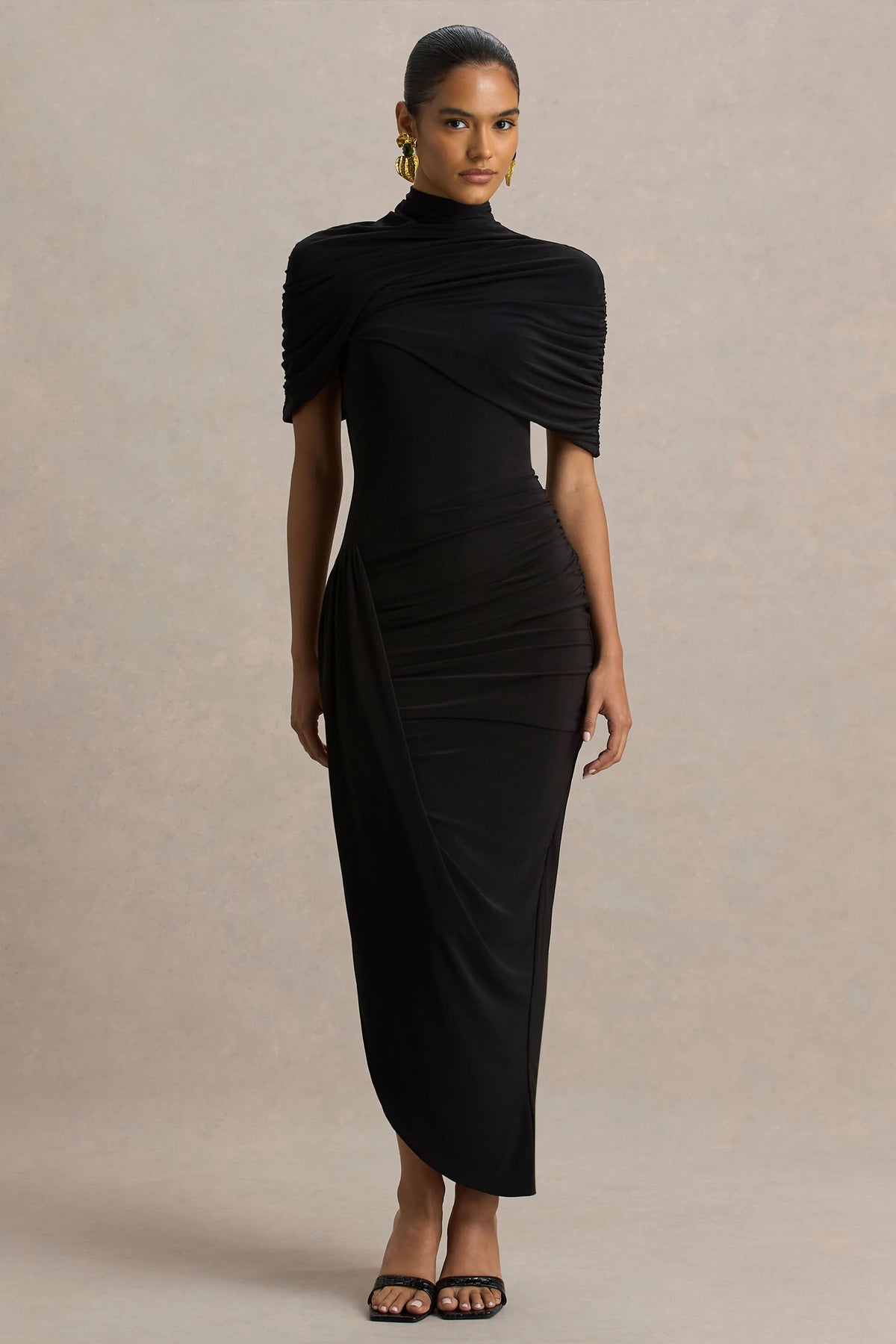 Enchant | Black Asymmetric Twisted Cape Midi Dress