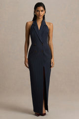 Eve | Navy Pinstripe Plunge-Neckline Tailored Maxi Dress