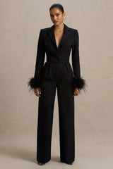 Lissy | Black Plunge-Neck Jumpsuit With Feather-Detailed Sleeves