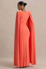 Mimi | Coral High-Neck Maxi Dress With Cape Sleeve Detail