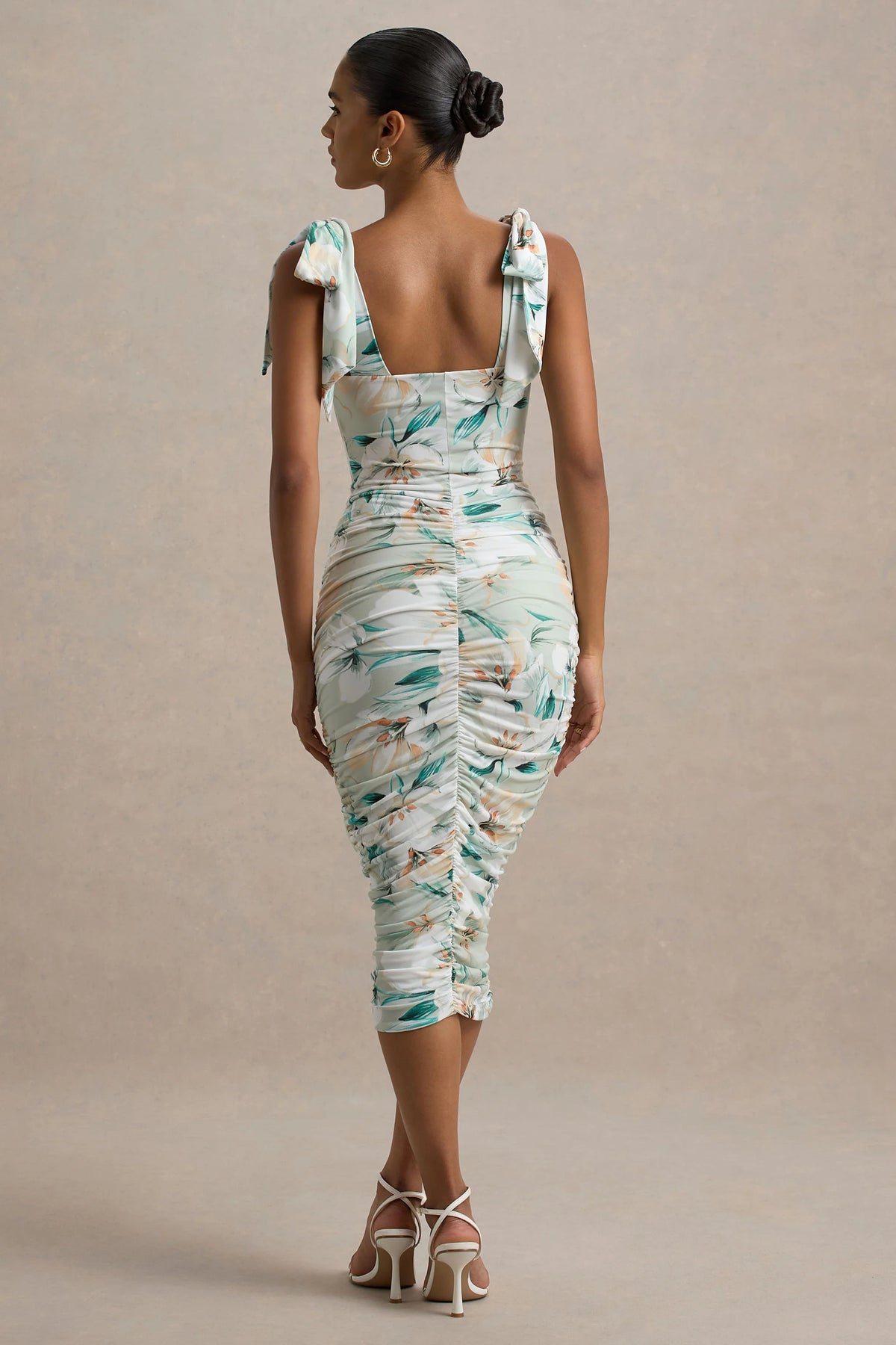 Cordelia | Green Floral Print Bodycon Midi Dress With Bow Straps